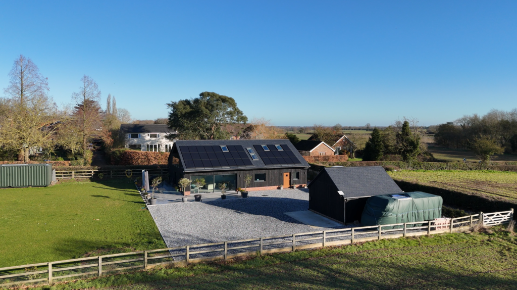 A passive house featuring solar PV power generation and battery backup, installed near Norwich