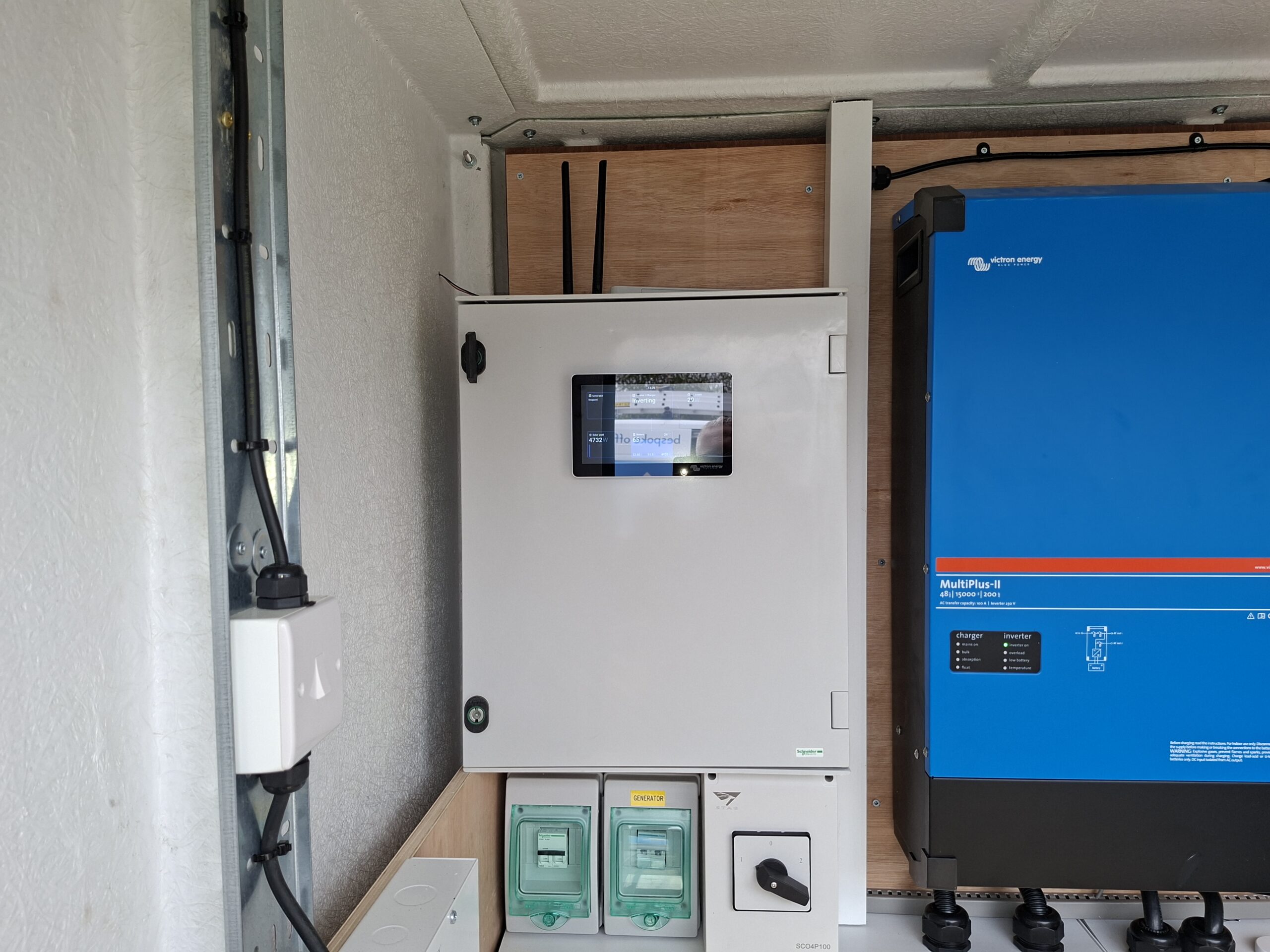 Victron inverter and switchgear in an off-grid plant room